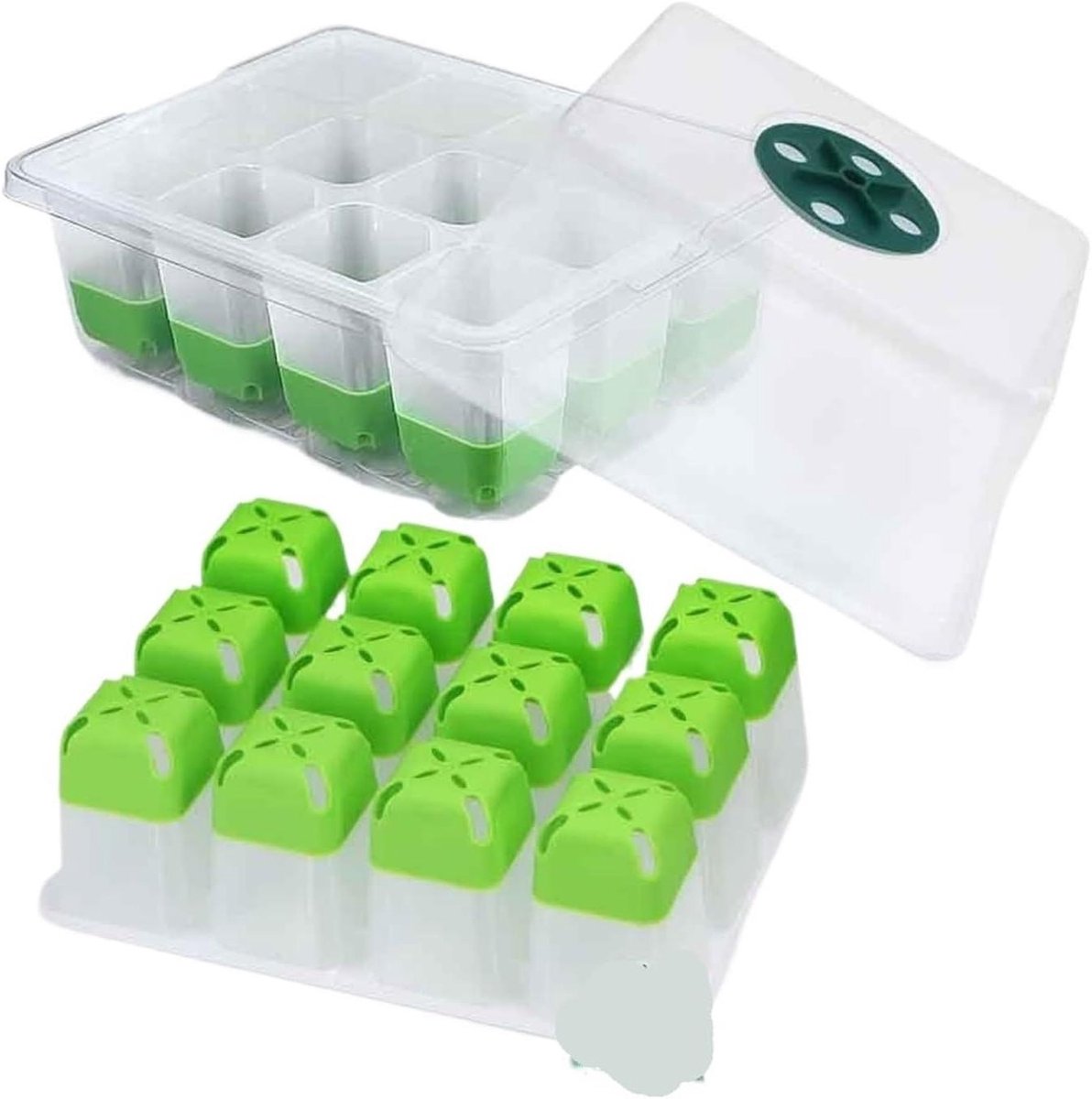Zaadbakjes Set - Kweekbakjes Planten - Planten Ontkiemen - Verstelbare Ventilatie - 12 Cellen - Groen
