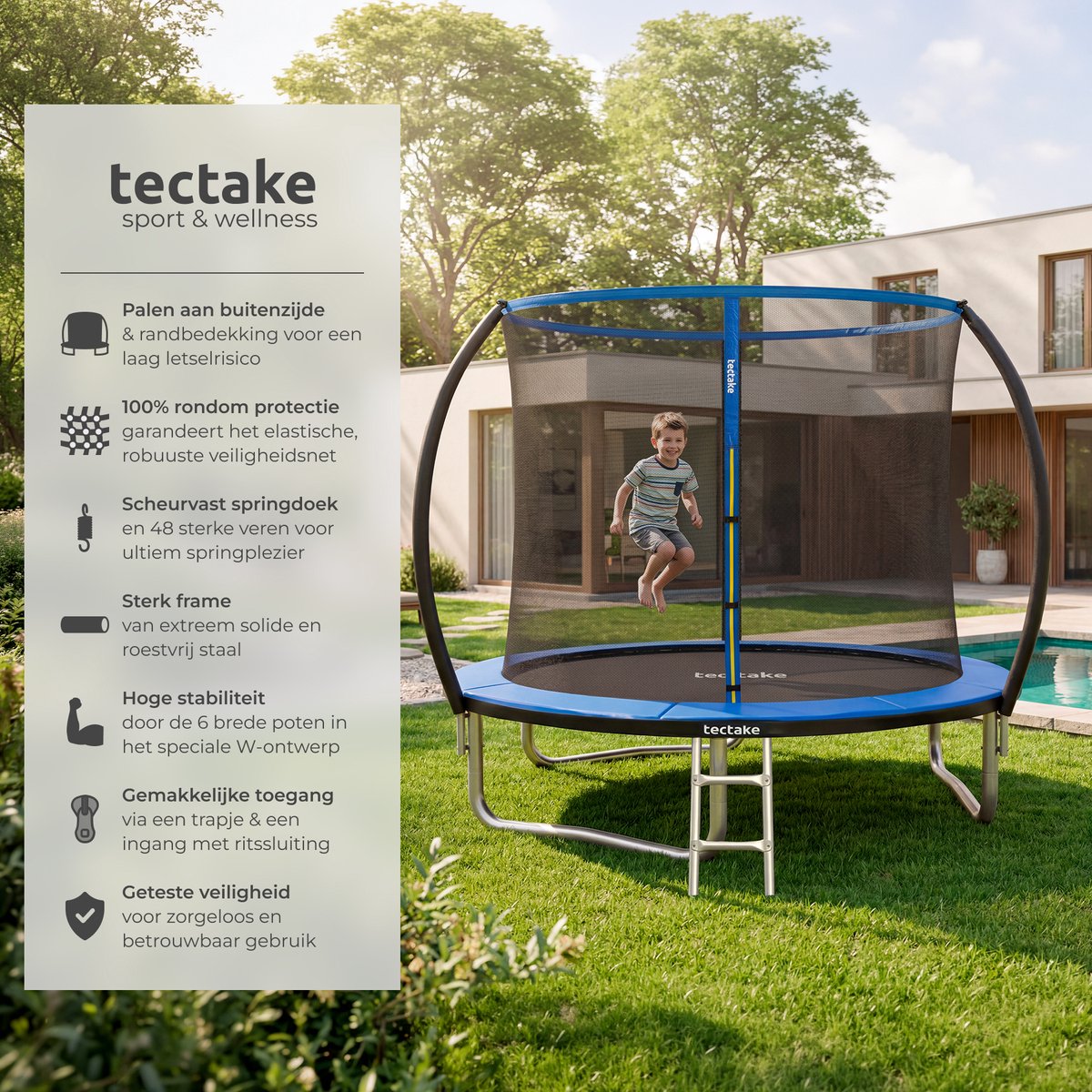 tectake® Trampoline met Veiligheidsnet en Trap - 244 cm - Veilig en Stevig - Voor buiten - Tuintrampoline - Fitnesstraining - Kindertrampoline — afbeelding 2