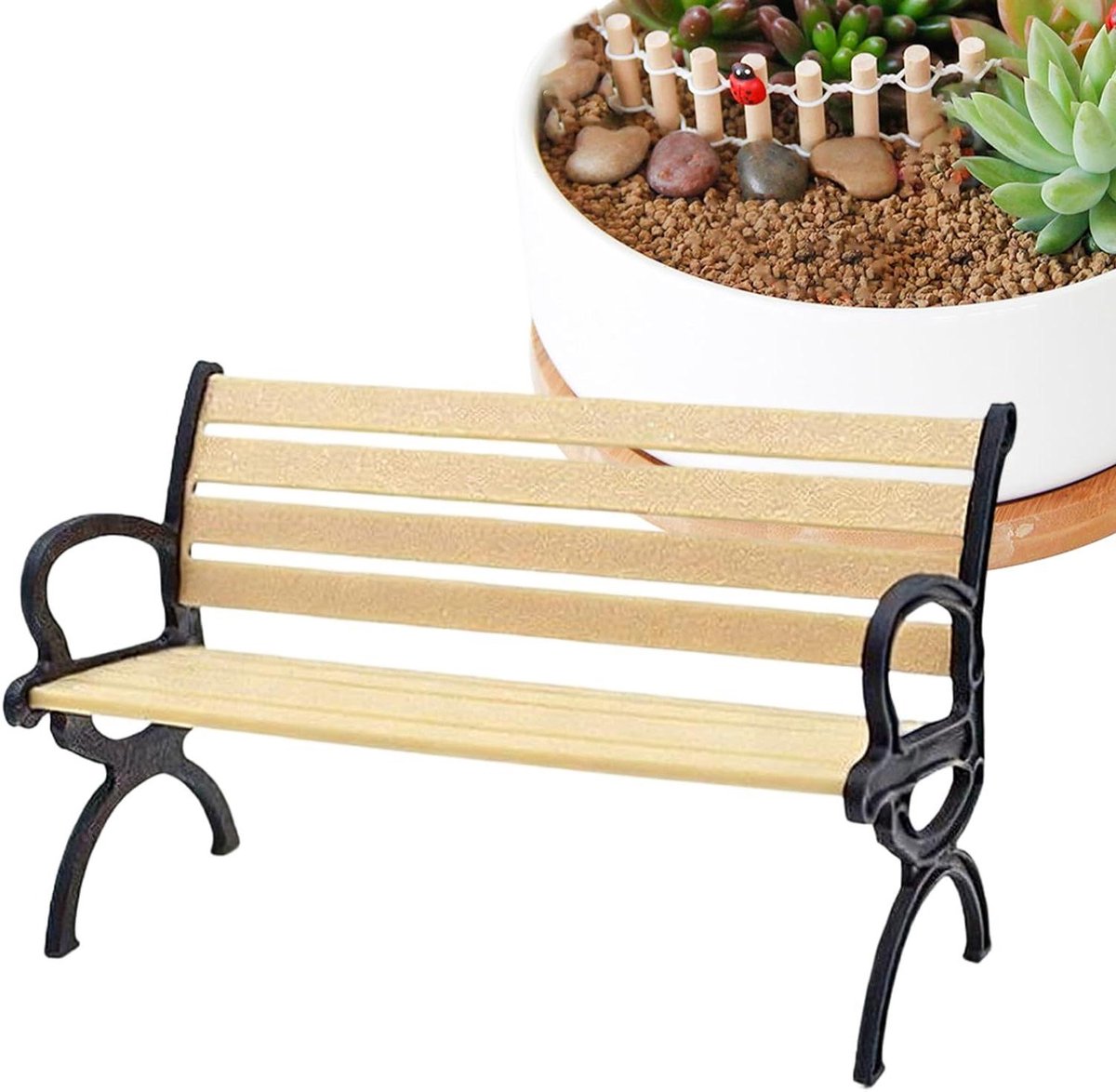 Miniatuur Bankje - Poppenhuis Meubel - Scène Decoratie - Klassiek Parkbank Design - 10.5 cm Lengte - Houtkleur