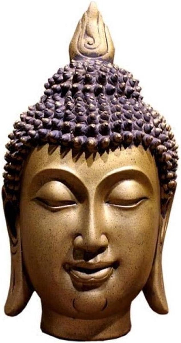 Boeddha Hoofd - Hars Beeldje - Zen Decoratie - Levendige Afbeelding - 30x16x16 cm - Koperkleur