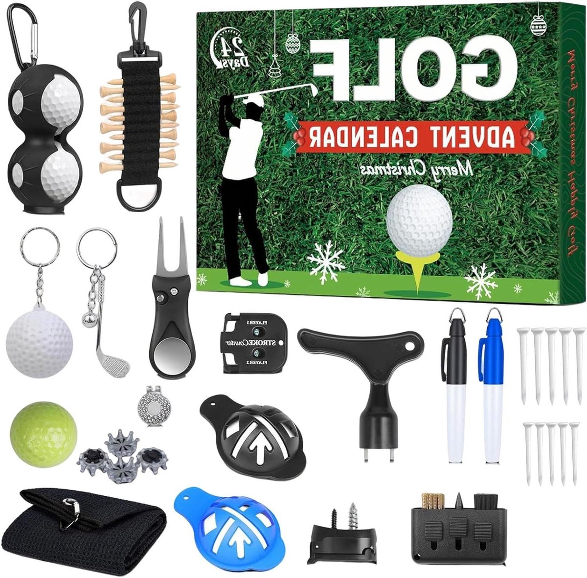 Adventskalender met dozen - Kerst aftelkalender - Feestelijke verrassing - Met golfartikelen - 24 dagen - Groen