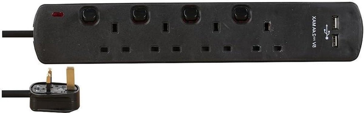 Verlengsnoer met USB - Stroomverdeler - Apparaten Opladen - Individueel Geschakeld - 2 Meter - Zwart