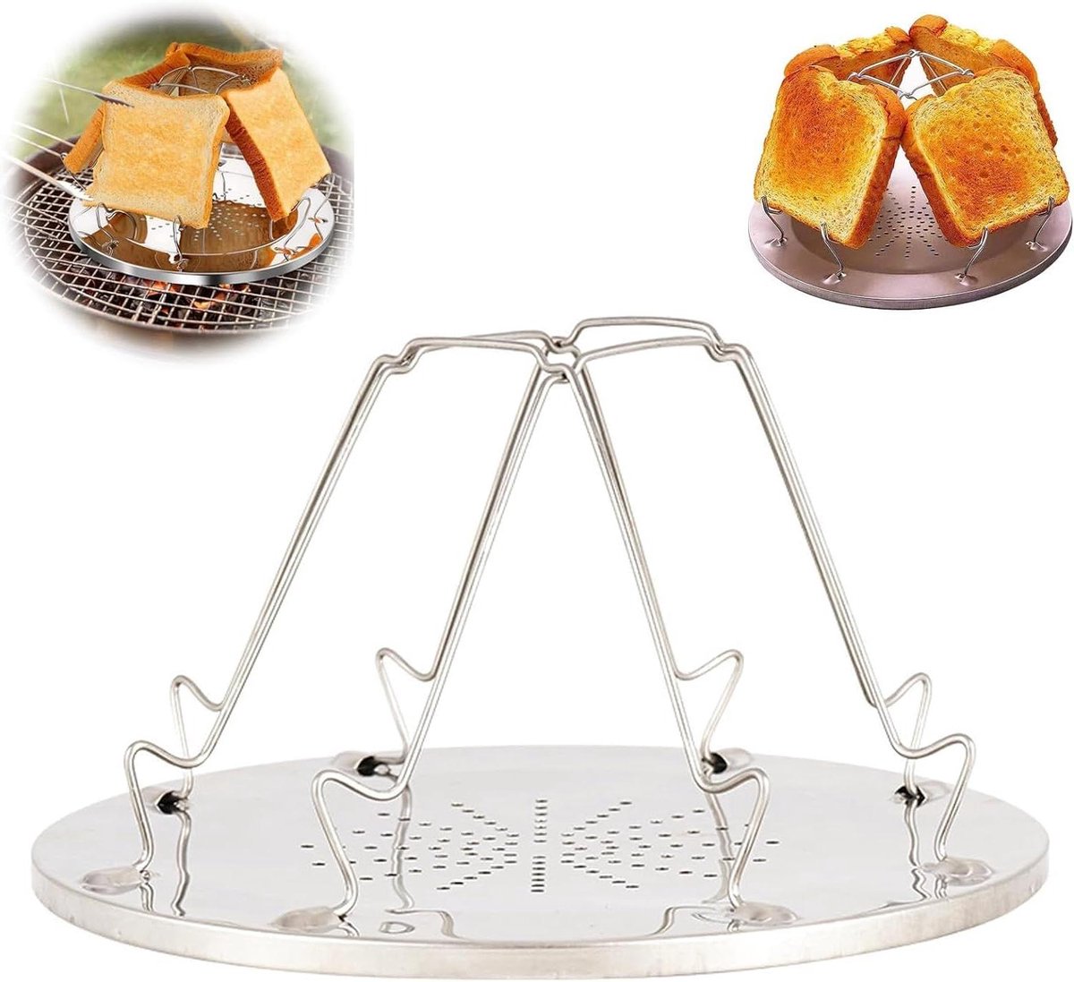 Camping broodrooster - Opvouwbaar rek - Toast bakken - Gelijkmatige warmte - 4 sneetjes - Zilver