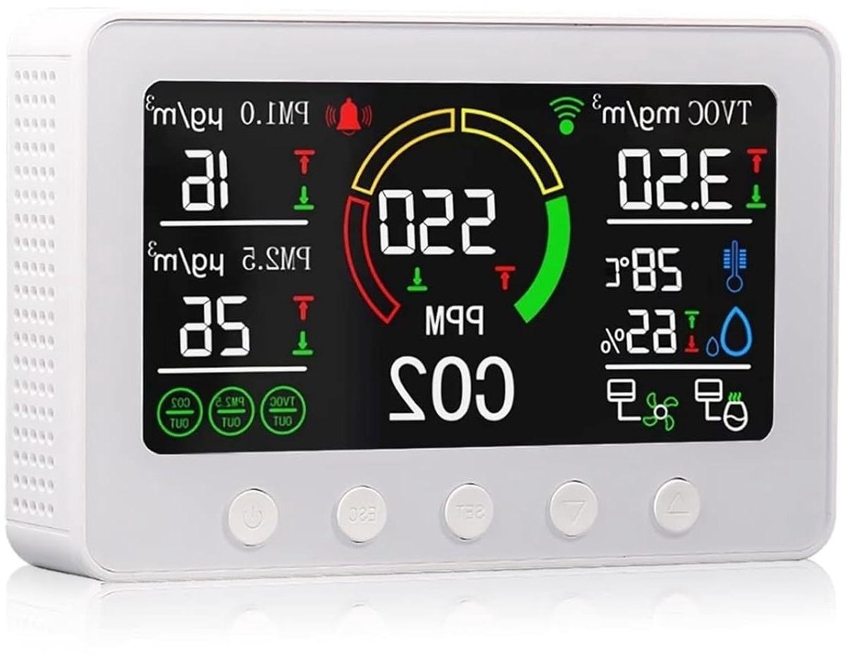 Luchtkwaliteitsmeter - CO2 Meter - Binnenklimaat Monitoren - 6-in-1 Sensor - 18x12x4cm - Zwart