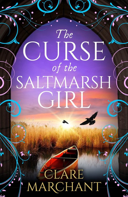 Boekcover 'The Curse of the Saltmarsh Girl'. Oranje kano in water met riet op de achtergrond, zonsondergang, vogels in de lucht.