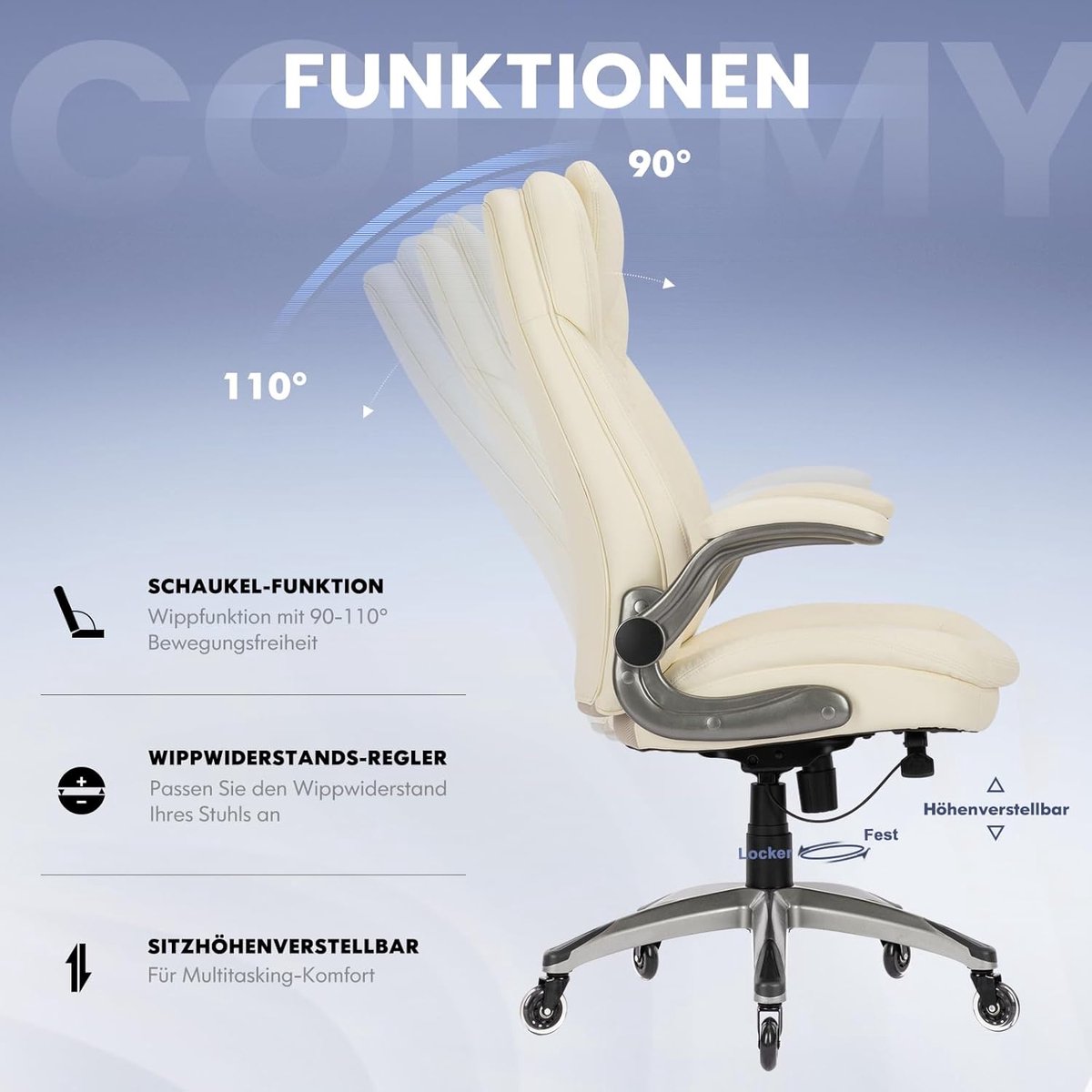 Bureaustoel ergonomisch XL 136 kg – House&Garden Prestige Executive directiestoel van kunstleer met pocketvering – hoge rugleuning met hoofdsteun – inklapbare armleuningen – stille wielen – verstelbare hoogte – ivoor