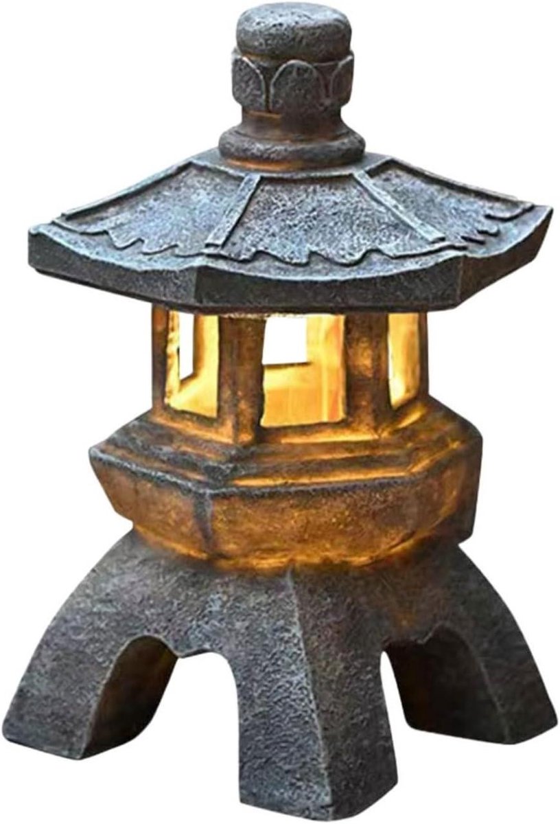 Pagode Tuinlamp - Zen Decoratie - Buiten Verlichten - Automatische Solar - 26 cm Hoog - Grijs