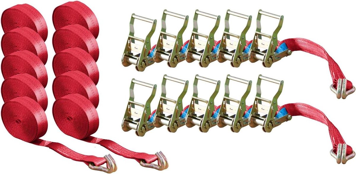 Sjorbandset 10-delig - Spanbanden met haak - Vastzetten lading - Volgens DIN EN 12195-2 - 6 meter lengte - Rood