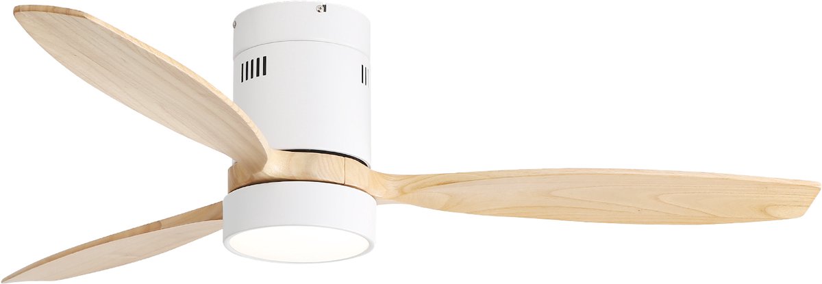 Gutent - Platte plafondventilator met verlichting - 132cm - DC motor - 3 massief houten bladen - Stil - Zomer en winter - Met afstandsbediening - Dimbaar