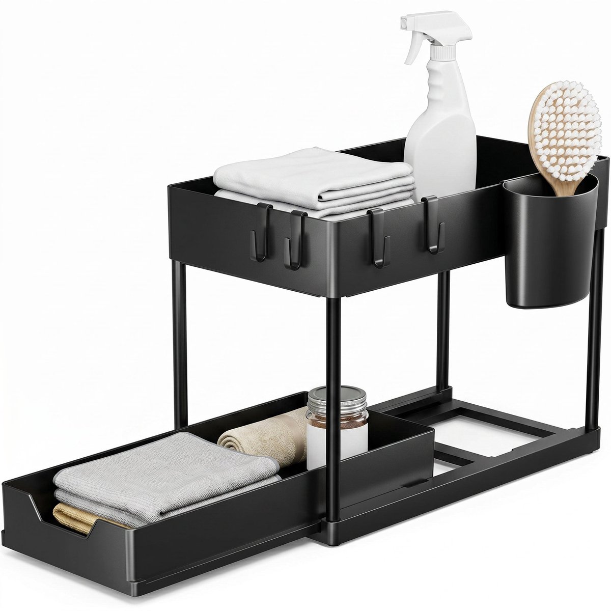 Cheqo® Onder de Gootsteen Organizer 2-Laags - Uittrekbare Kast Organizer - Keukenkast Organizer - Gootsteenorganizer - Uitschuifbare Schuiflade - Onderkast Organizer - Opbergrek voor Onder de Wastafel - Keuken en Badkamer Organizer - Zwart