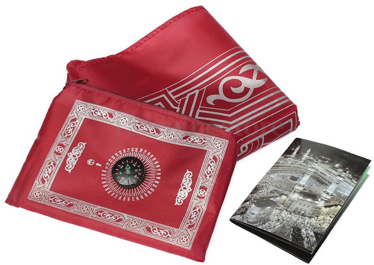 carmdering - Islamitisch Gebedskleed - Reisgebedskleed - Qibla Kleed - Rood, 100×60 cm, 85 g, polyester, waterdicht nylon - Vouwbaar, draagbaar - Met kompas op tas - Voor thuis en reis - Cadeau voor moslims