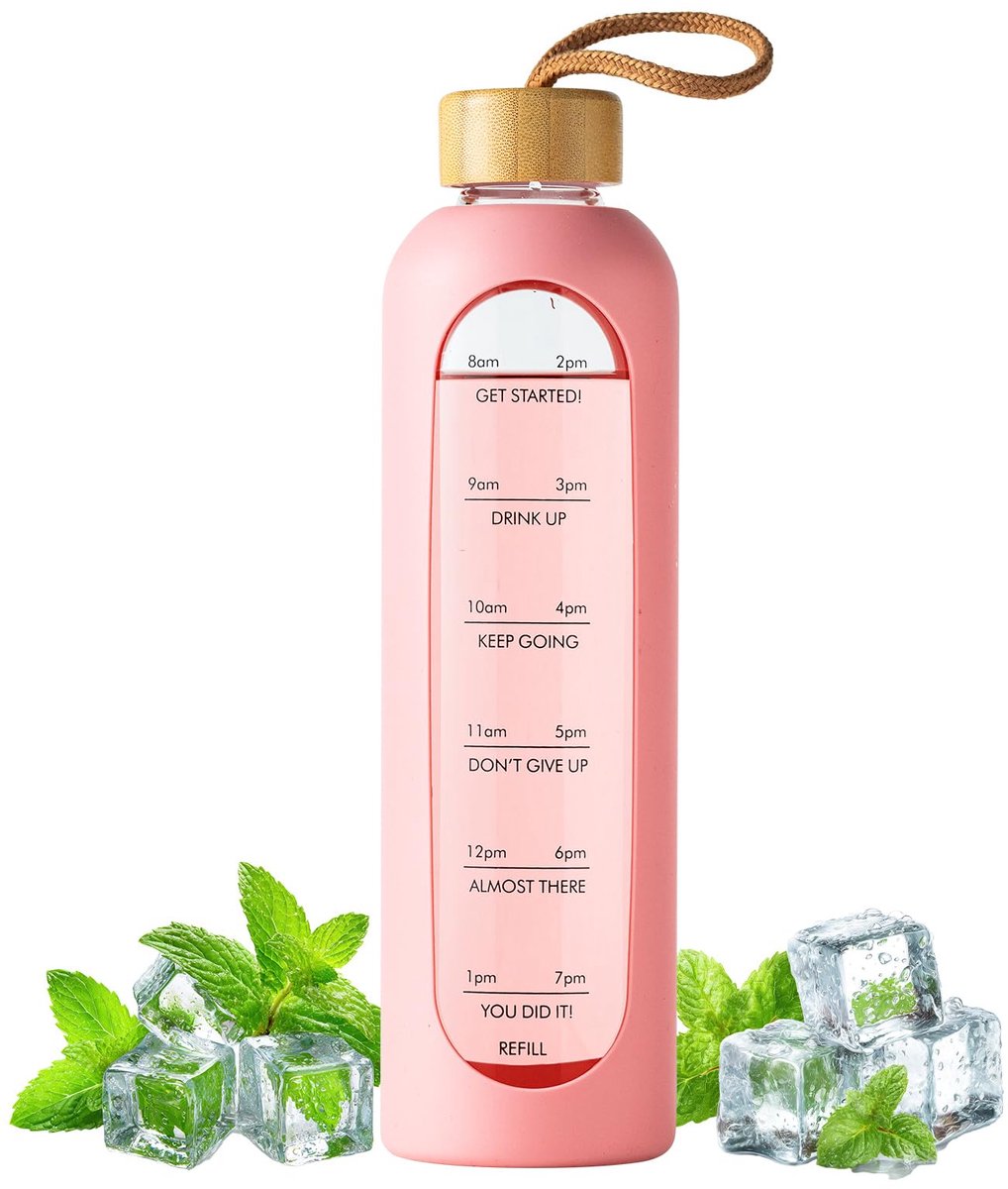 carmdering - Glazen Waterfles - Sportfles - Drinkfles - Roze, 1094 ml (37 oz), borosilicaatglas, loodvrij - Met tijdsmarkeringen, bamboe deksel, antislip siliconen hoes - Lekvrij, schokbestendig - Voor sport, kantoor en reizen