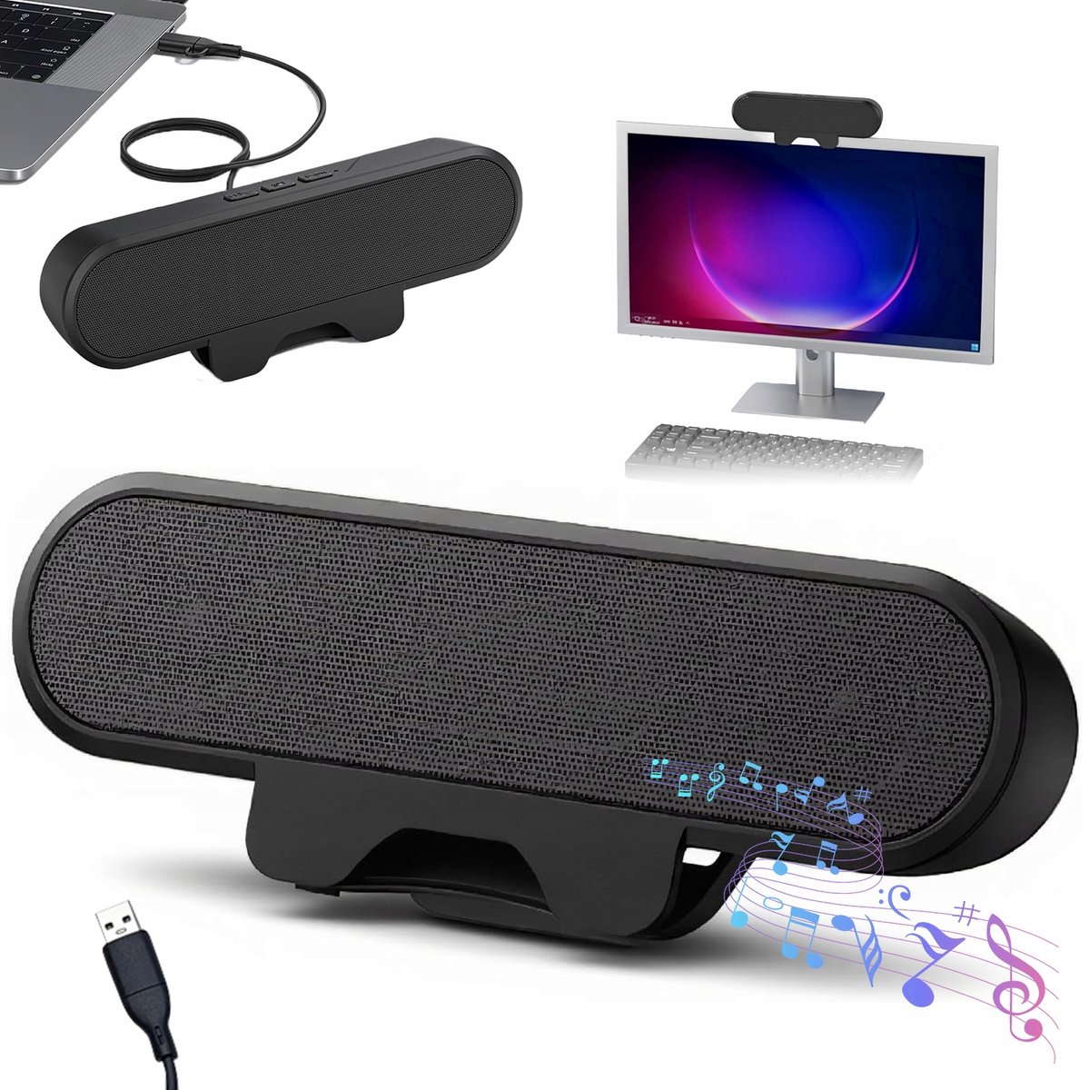 Draagbare clip-on Computerluidspreker - USB-monitorluidsprekers - 10W Stereo & Clip-on - Plug & Play & 1.5m Kabel - Anti-slip Bevestiging - Voor Kantoor & Thuis