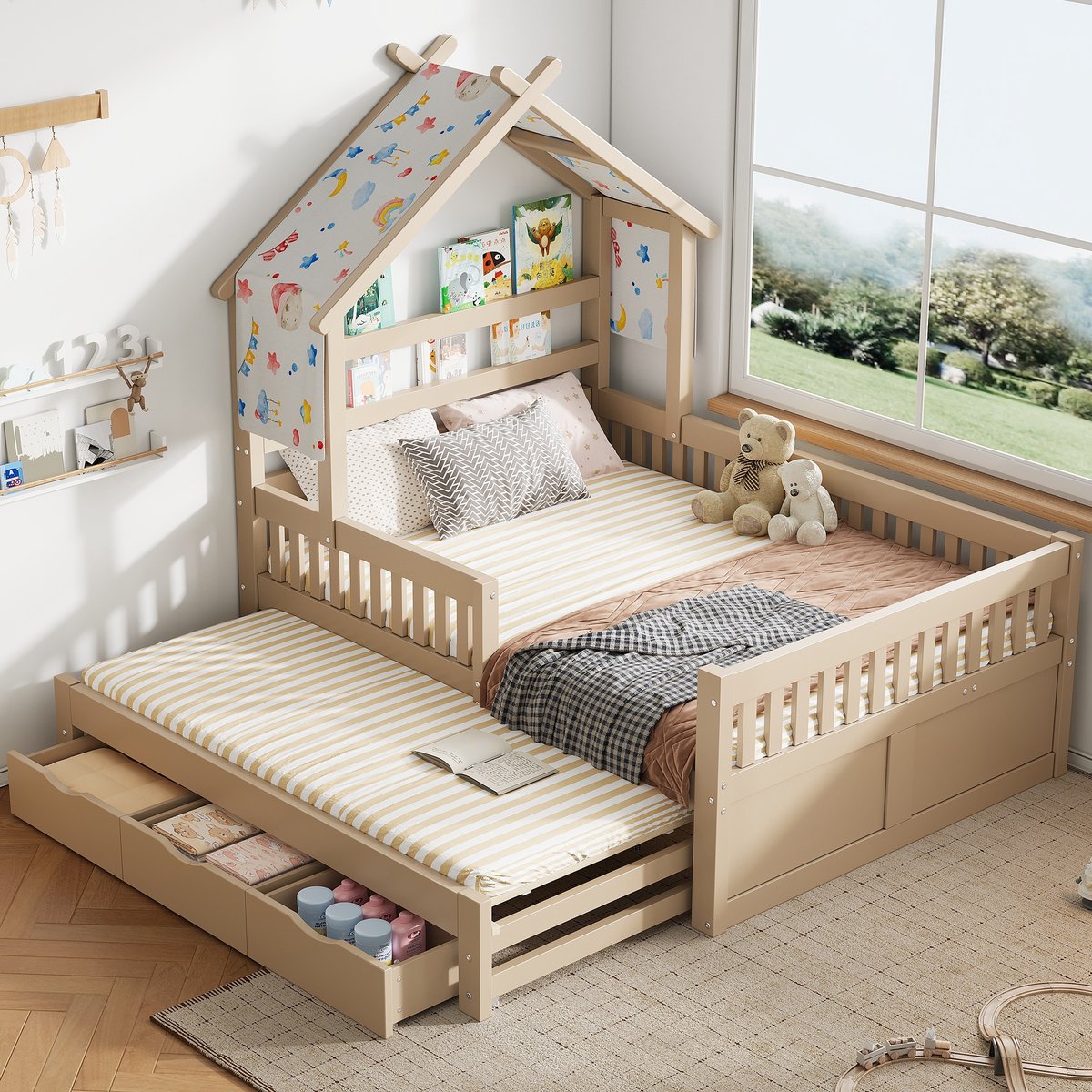 Sweiko Kinderbed - 140 x 200 cm - Huisvorm - Met uitschuifbed - 3 lades - Met veiligheidshek - Beige