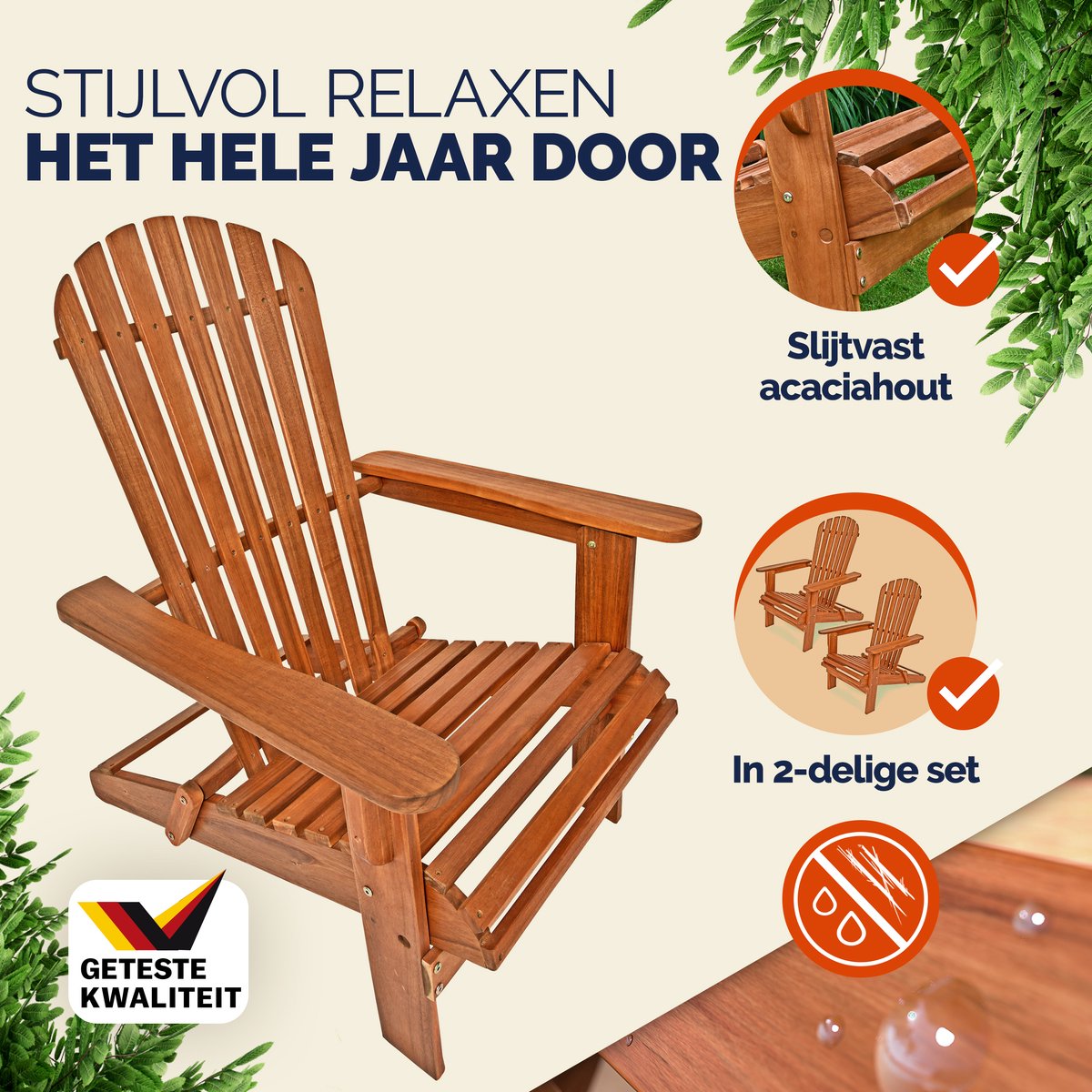 Casaria Adirondack Tuinstoel 2 Stuks - Acacia Hout - Inklapbaar thumbnail 3