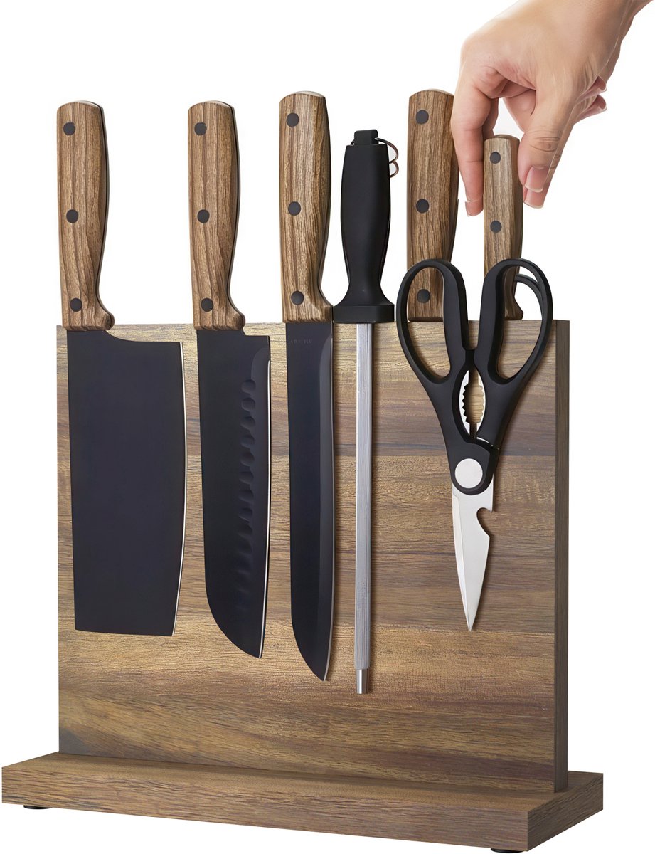 YONO Messenblok Magnetisch Hout - Zonder Messen - Dubbelzijdig Messenmagneet Staand - Messenhouder - Bruin