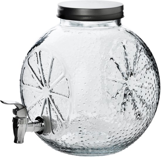 Glazen drankdispenser met zilveren kraan en deksel. "Citroen" decoratie op de bolle zijkant.