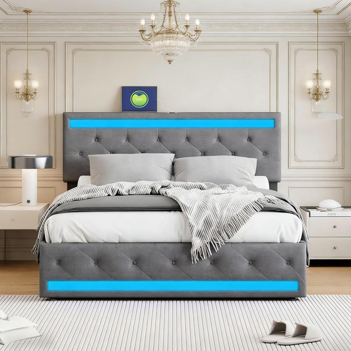 Gestoffeerd Tweepersoonsbed - Linnen Bedframe - Opbergen en Ontspannen - Geïntegreerde LED en USB - 160 x 200 cm - Grijs