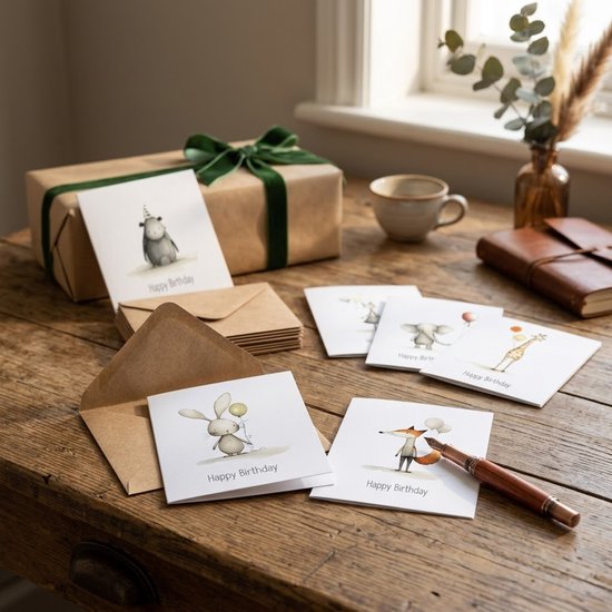 Een geschenk met een lint en meerdere verjaardagskaarten met dierenillustraties: konijn, vos, nijlpaard, olifant en giraf.