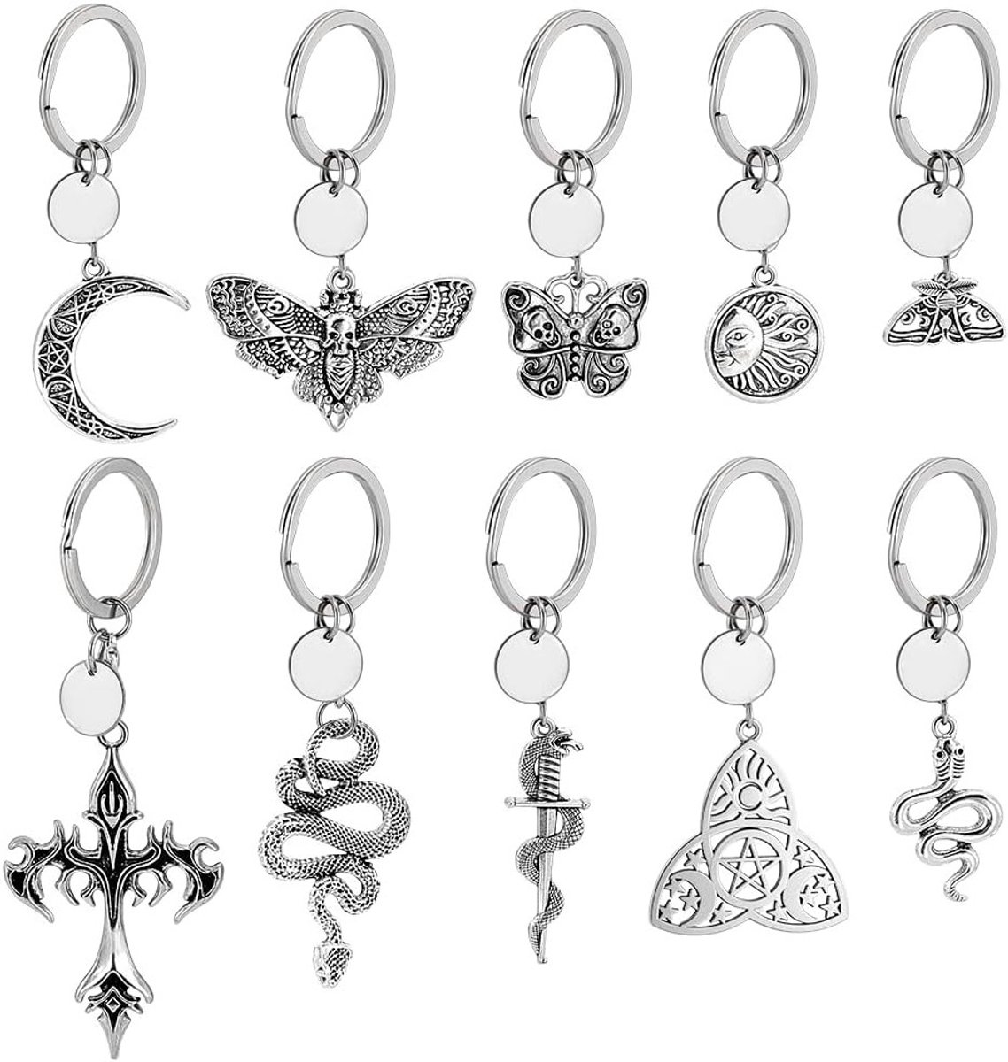10 Stijlen Gothische Sleutelhangers met Vlinder, Slang, Kruis en Maan Hangers voor Mannen en Vrouwen, Perfect voor Tassen, Portemonnees en Schoenen