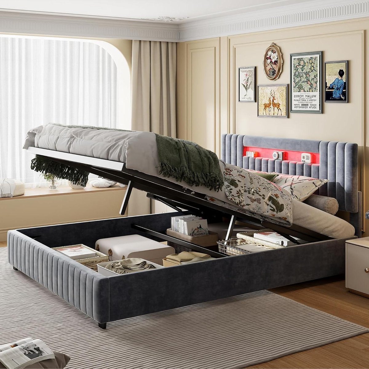 Tweepersoonsbed met opslag - Bedbak met hoofdbord - Slaapkamer organiseren - Hydraulisch openen - 140x200 cm - Grijs