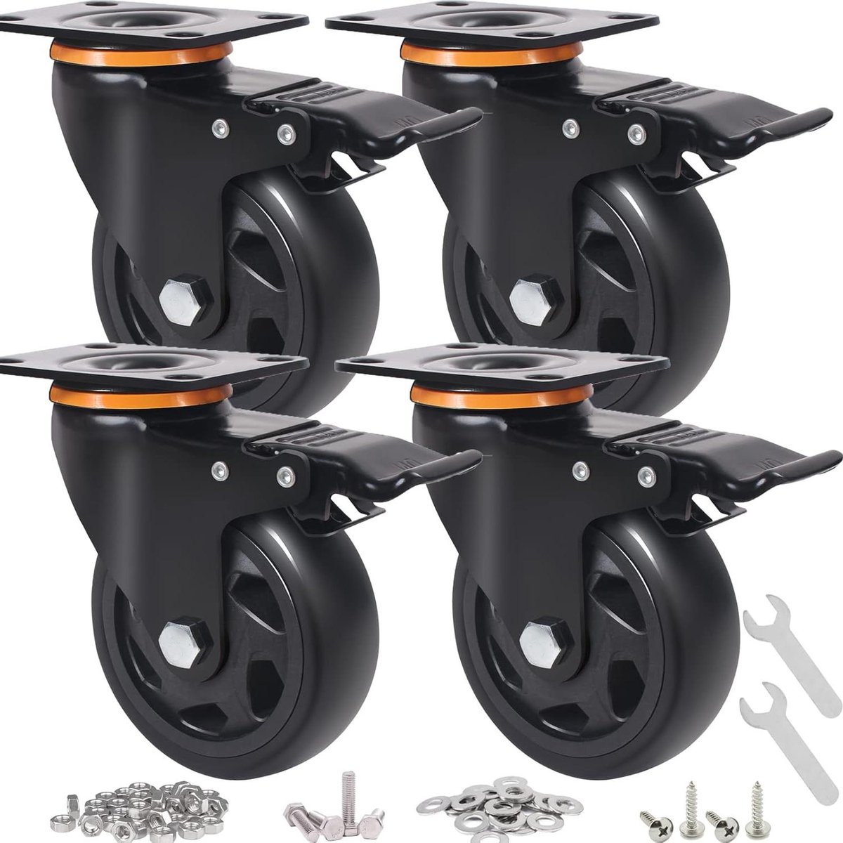 Zwenkwielen Set - Industriële Wielen - Meubels Verplaatsen - Dubbel Vergrendelingssysteem - 4 inch - Bruin
