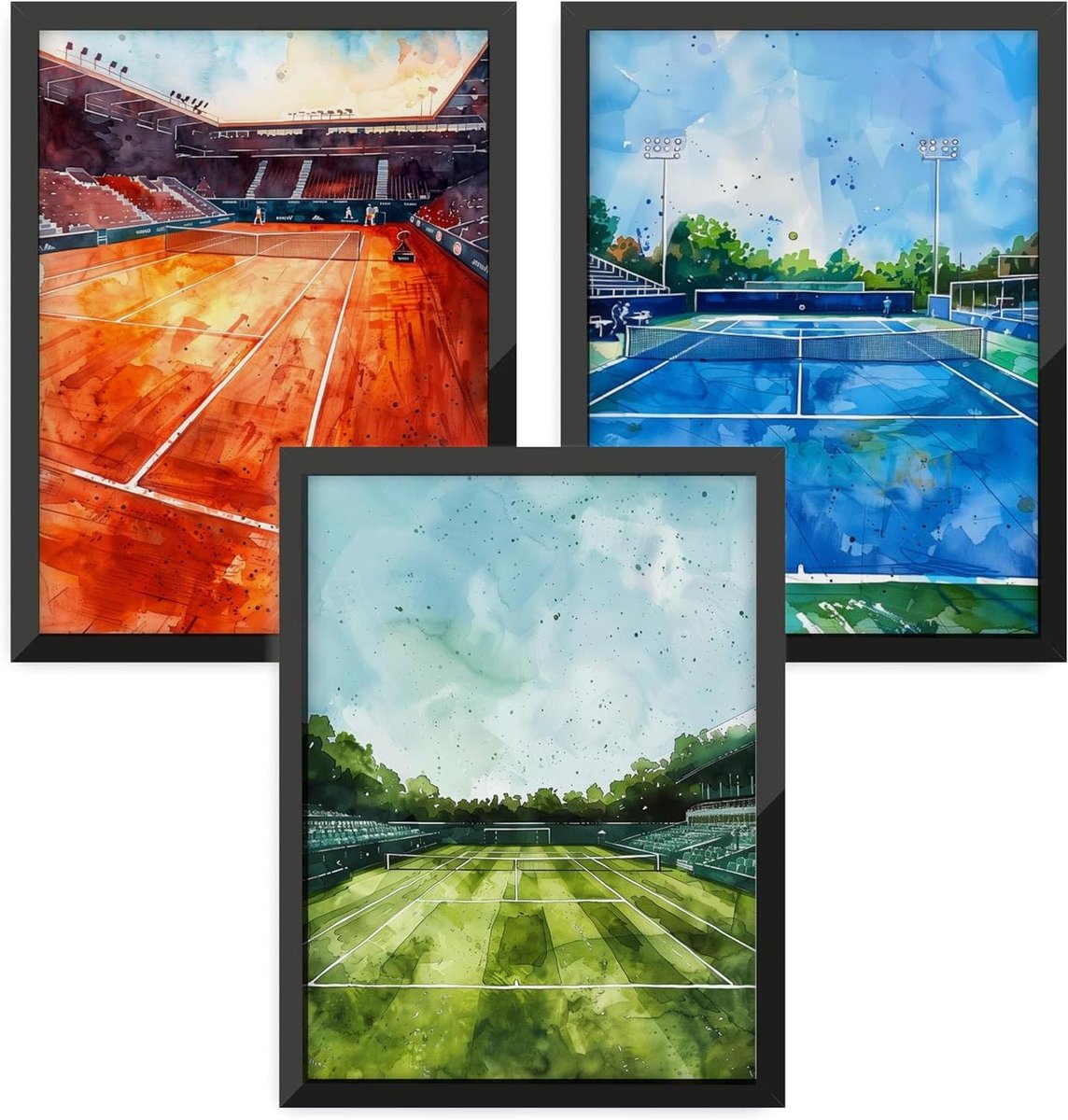 Tennis Posterset - Sportieve Wandafbeeldingen - Muur Decoratie - Dynamische Motieven - Set 4 30x40 cm - Zwart