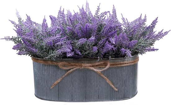 Kunstlavendel Bloemen - Nep Lavendel Plant - Huis Decoratie - Rustieke Metalen Pot - 38 cm Hoog - Paars