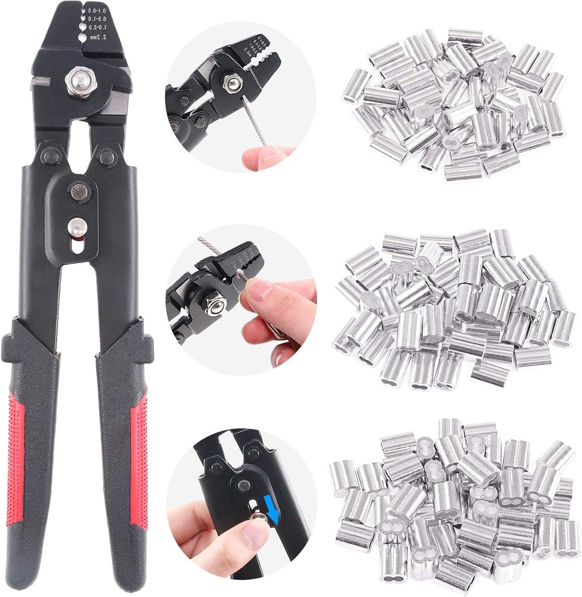 Stalen kabelpersstang voor kabels tot 2,2 mm met 180 aluminium dubbele persmoffen voor lussen, ideaal voor vissen en kabelassemblage