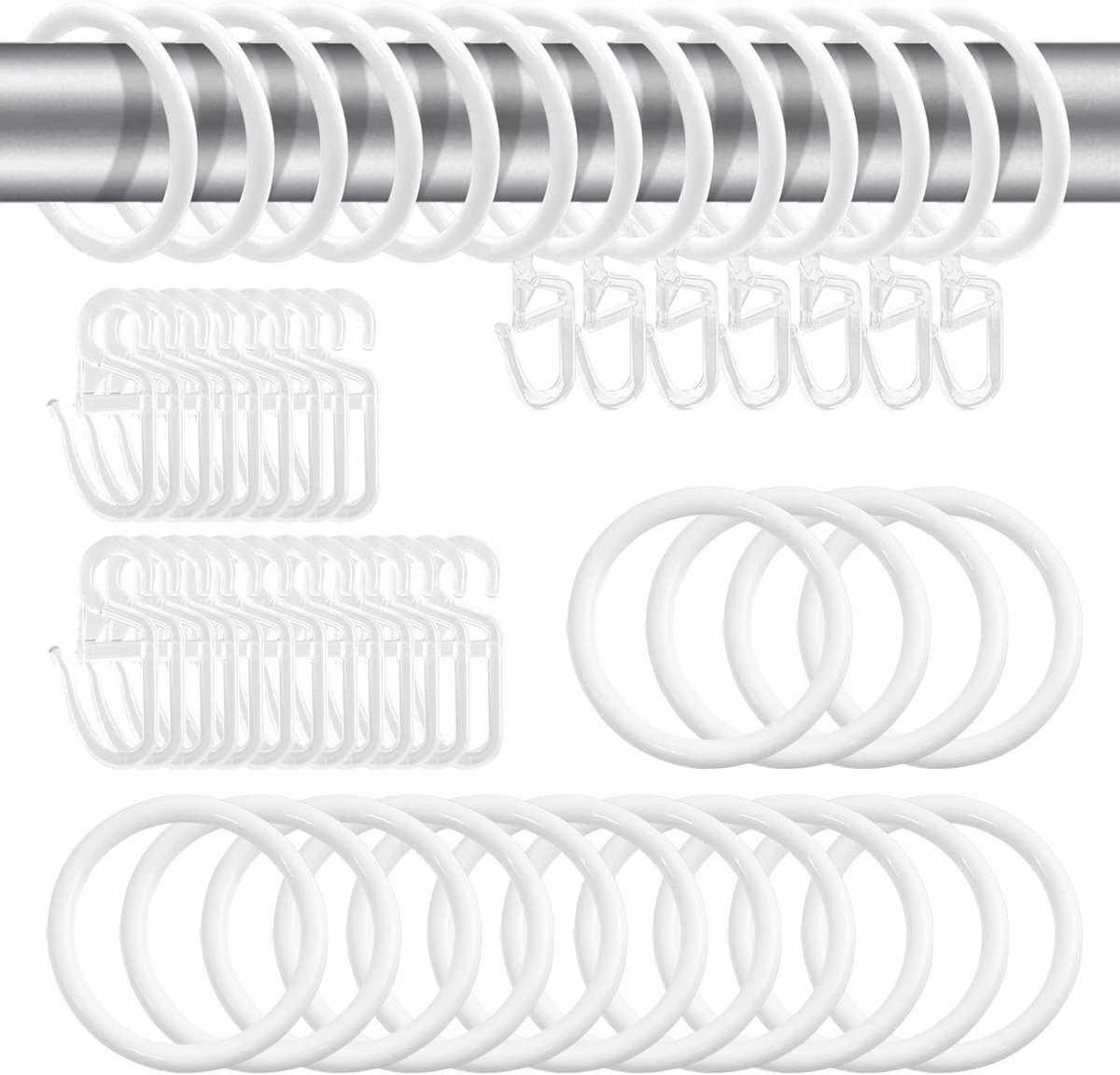 50 Stuks Metalen Gordijnringen en 50 Stuks Plastic Gordijnhaken voor Raam, Bed en Douchegordijnen, 30mm Binnen Diameter, Duurzaam en Stijlvol Accessoire