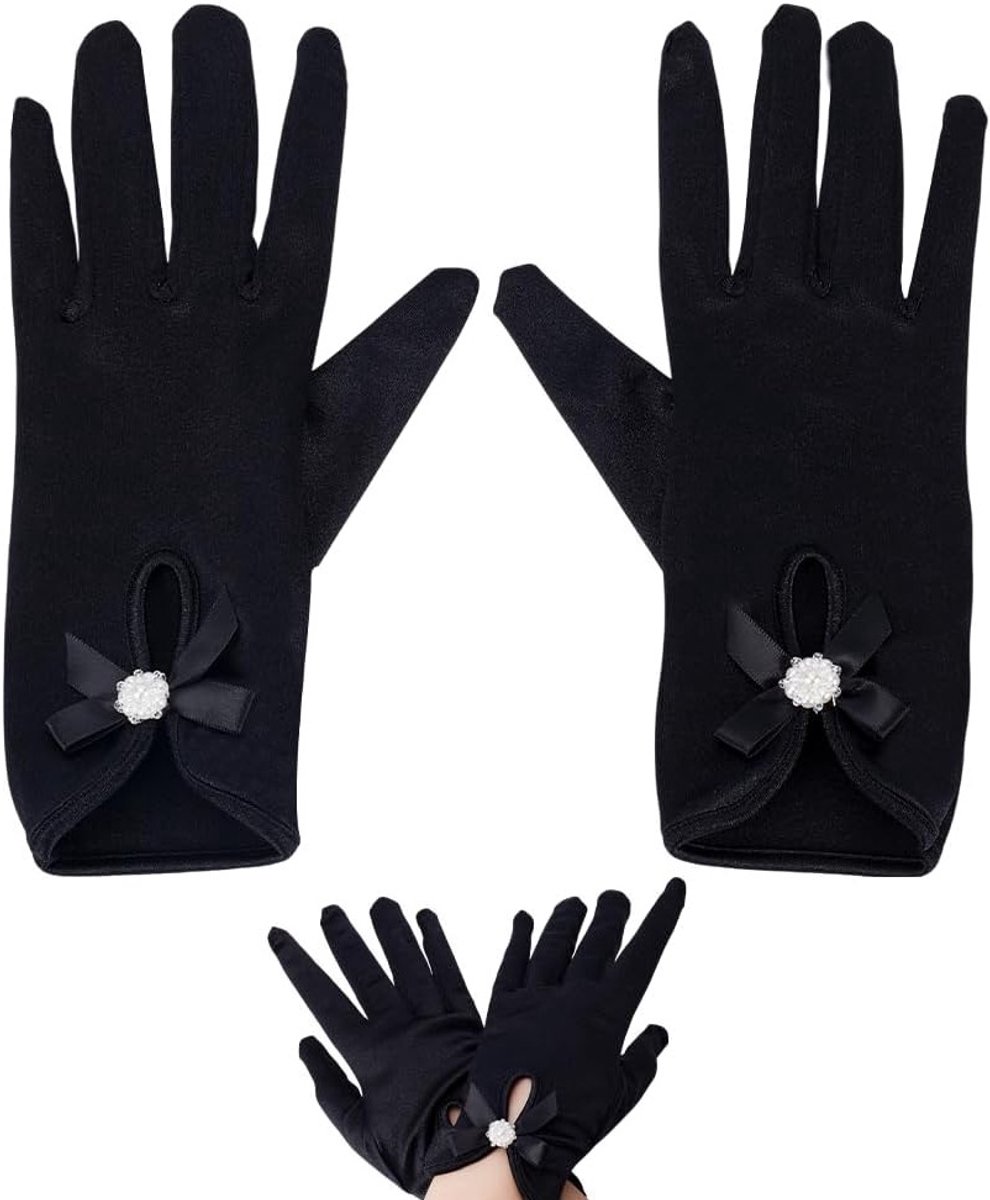 Korte Satijnen Handschoenen 22,5 x 8 cm Polslengte Opera Bruiloftshandschoenen met Strik en Parels voor Feestelijke Gelegenheden