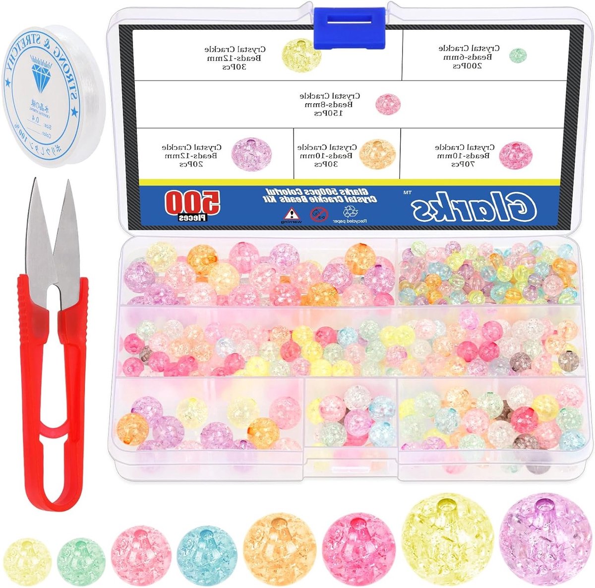 Kleurige Acryl Kralen met Elastisch Draad en Schaar Set, 6mm tot 12mm, Perfect voor Armbanden, Kettingen en Sieraden Maken