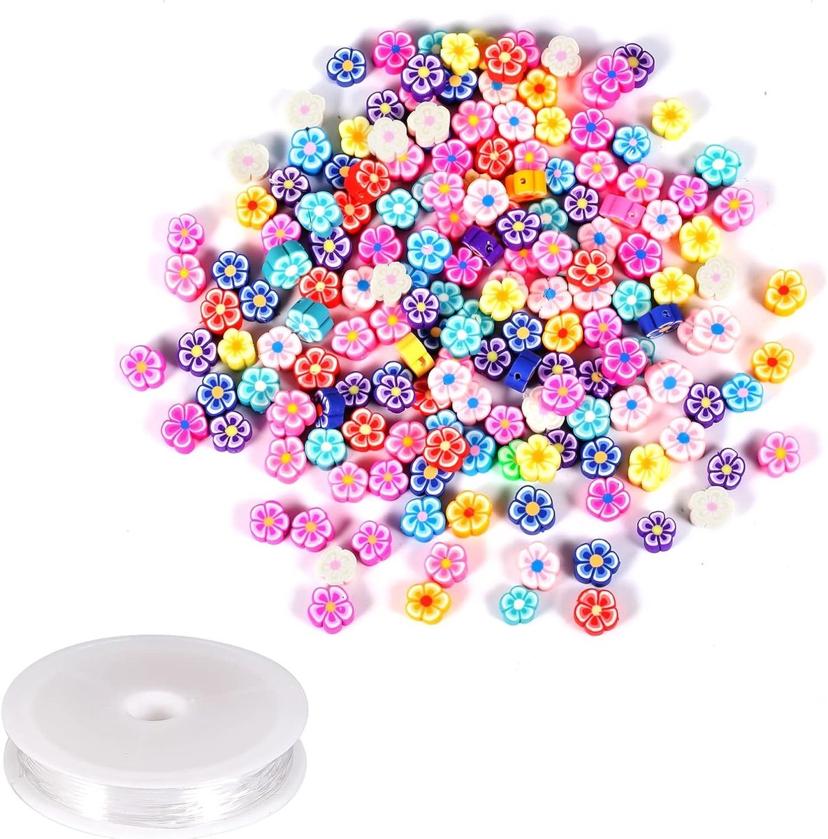 150 Stuks Bloemvormige Kralen voor Sieraden Maken, Kleurige Polymer Kleikralen, Inclusief Elastisch Touw voor Armbanden, Kettingen en DIY Creaties