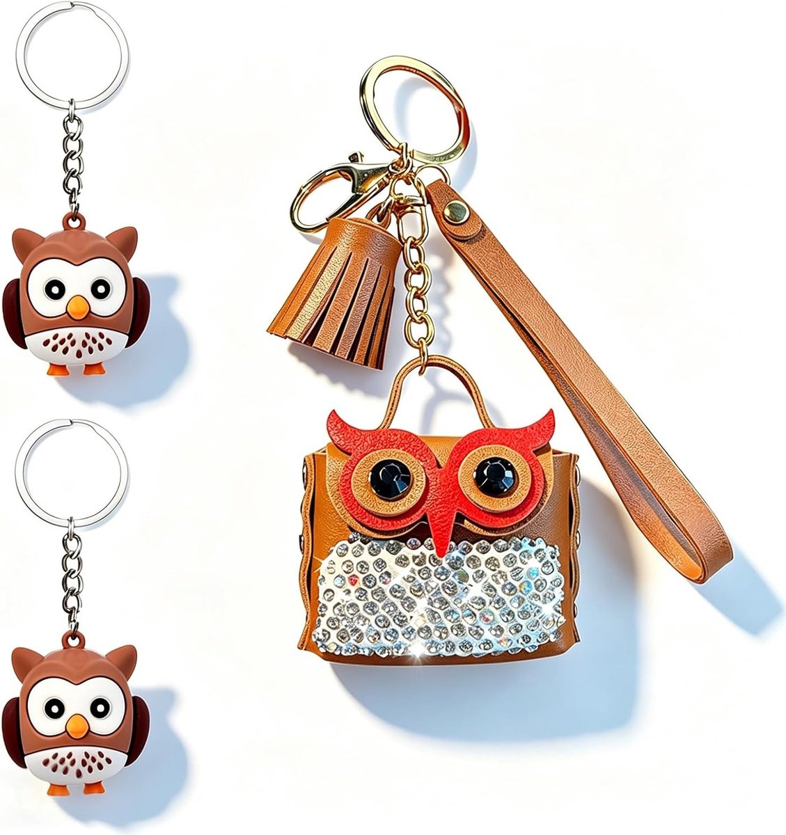 Schattige Uil Sleutelhanger Set van 3, Creatieve Sleutelhangers voor Rugzakdecoratie, Auto en Sleutelkastje, Trendy en Uniek, Bruin
