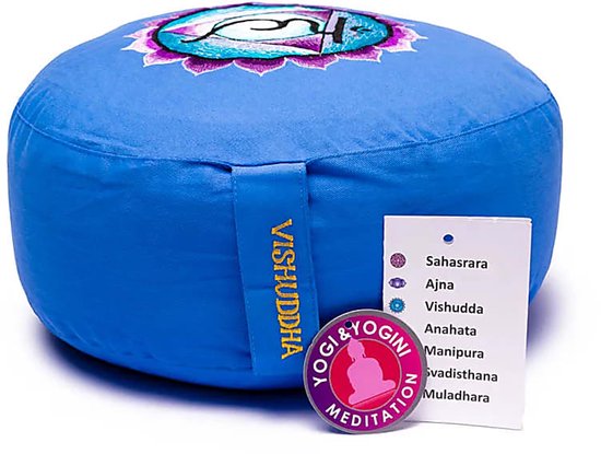 Meditatiekussen 5e chakra geborduurd - 33x17 - 2800 - Boekweit - Katoen - Blauw van Yogi & Yogini — afbeelding 2