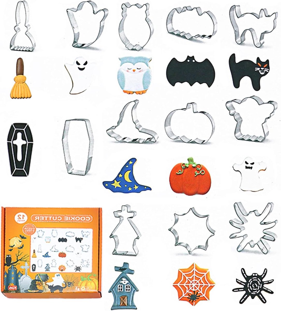 Set van 12 RVS Halloween Koekjesuitsteekvormen - Spook, Kat, Doodskop en Vleermuis Decoratie Accessoires
