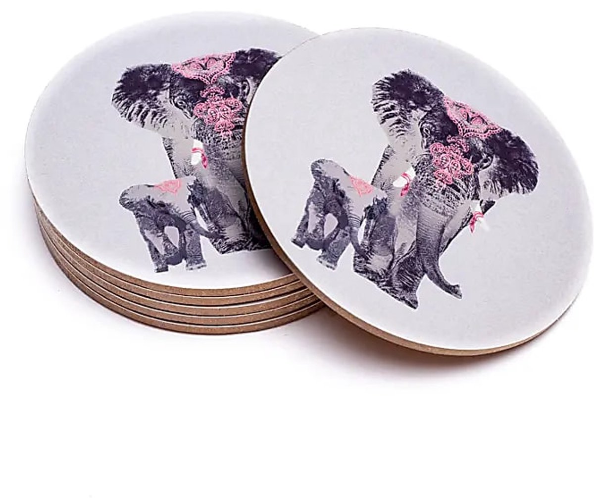 Onderzetters 'olifant met jong', set van 6 stuks, rond