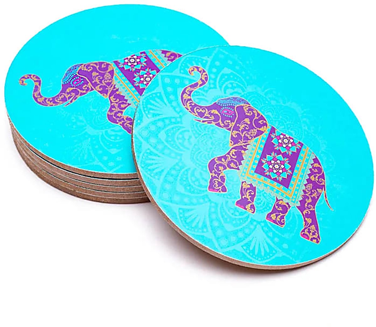 Onderzetters 'Indiase olifant', set van 6 stuks, MDF
