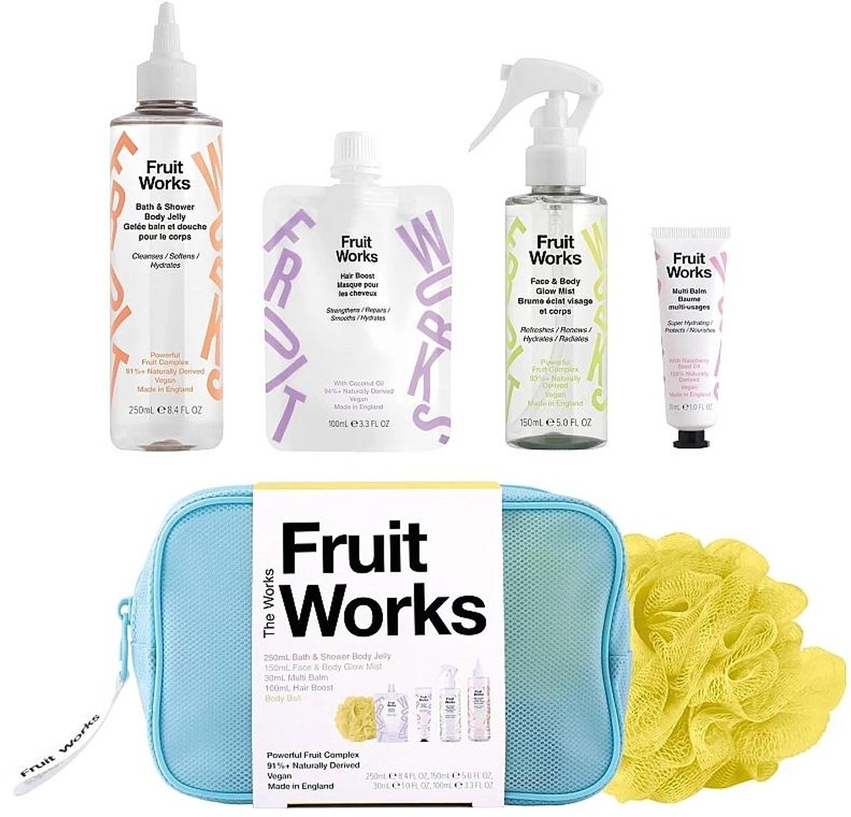 Fruit Works The Works Bag - Mesh Cosmetic Bag, 100ml Hair Boost, 150ml Face & Body Glow Mist, 250ml Bath & Shower Body Jelly, 30ml Multi Balm, Body Ball