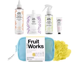 Fruit Works The Works Bag - Mesh Cosmetic Bag, 100ml Hair Boost, 150ml Face & Body Glow Mist, 250ml Bath & Shower Body Jelly, 30ml Multi Balm, Body Ball