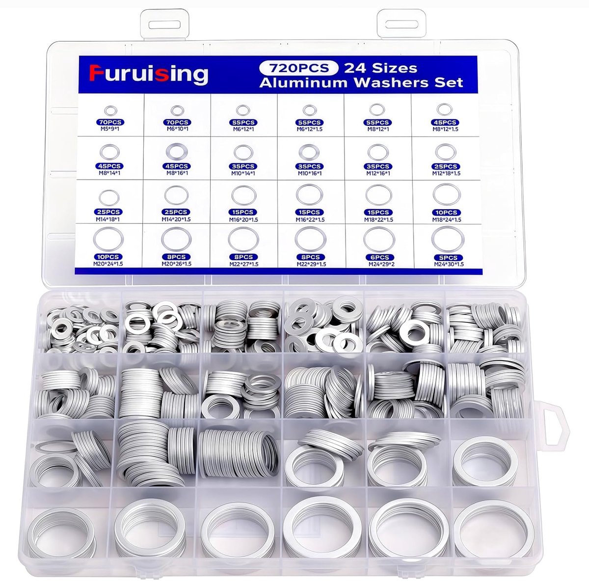 720 Stuk Aluminium Platte Ringmoeren - Metaal Washers - 24 Maten M5 M6 M8 M10 M12 M14 M16 M18 M20 M22 M24 - Assortiment voor Onderhoud Auto's Thuisaccessoires Industriële Apparatuur