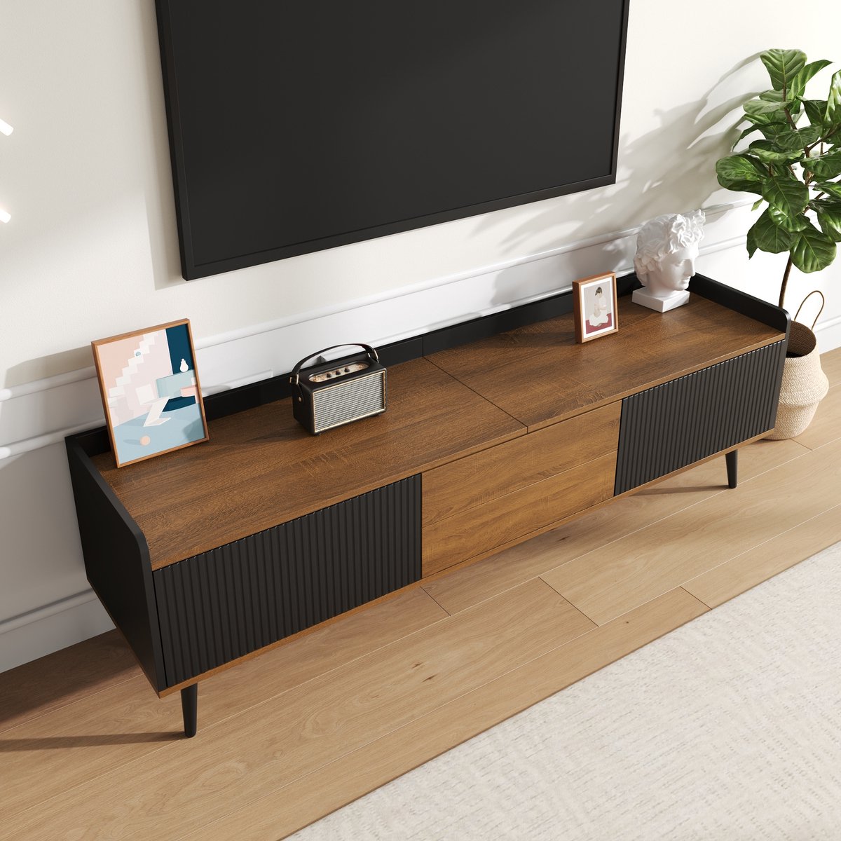 MIVRAY TV Meubel - Drie Deuren Met Ruime Opbergruimte - Verhoogde Rand En Kantelbeveiliging - MDF En Spaanplaat - 160x39x49,5 Cm
