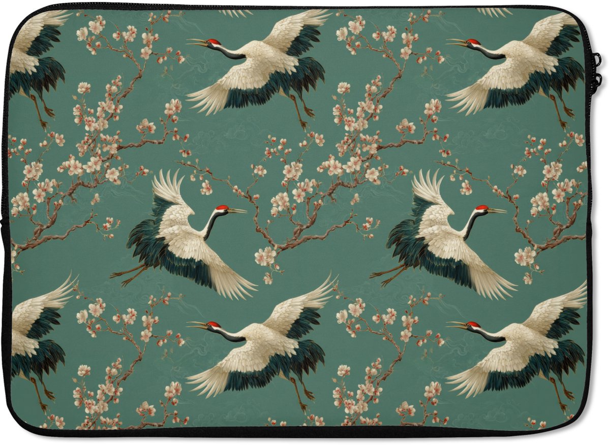 Laptophoes 13 inch - Kersenbloesem - Kraamvogels - Groen - Laptop sleeve - Binnenmaat 32x22,5 cm - Zwarte achterkant