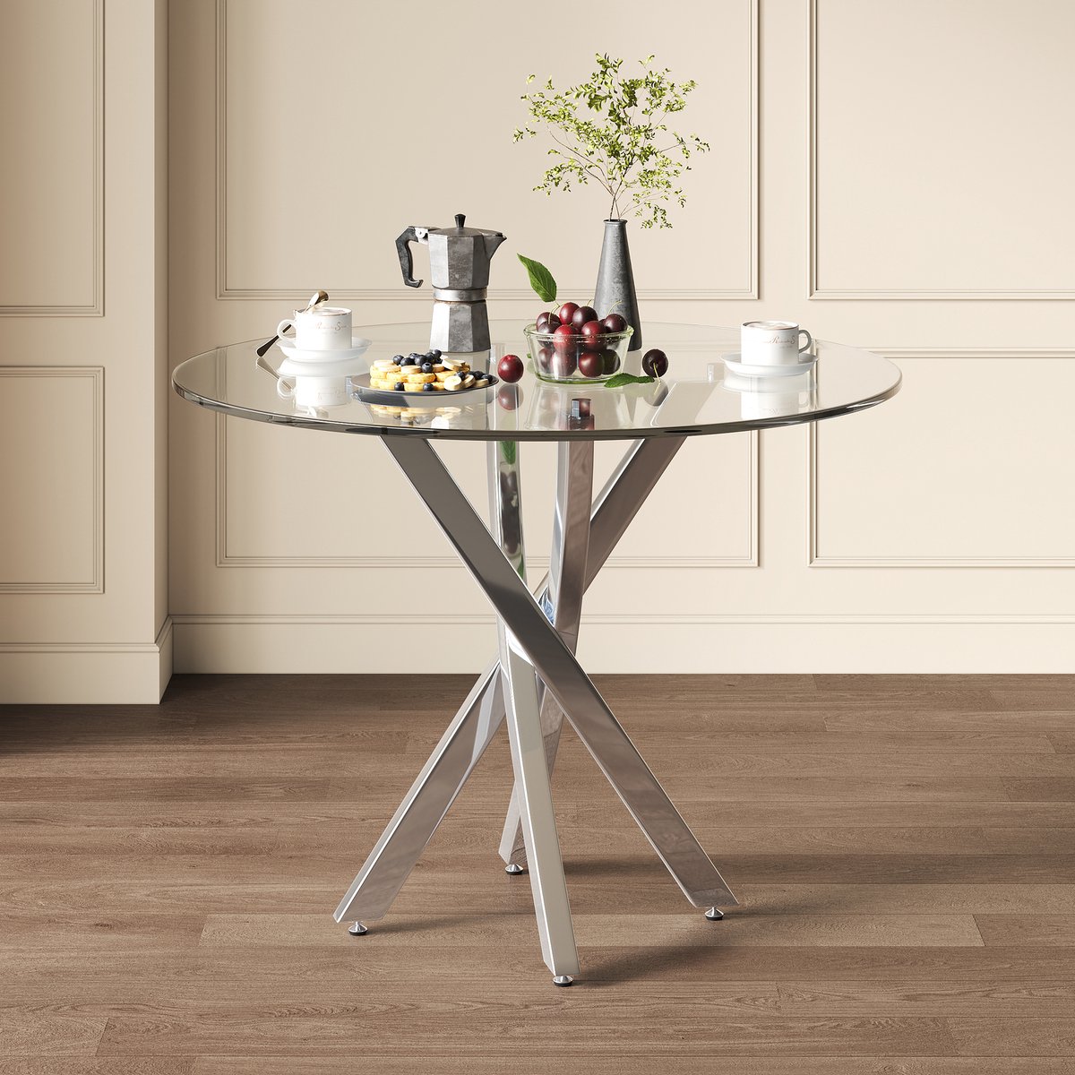 FloraGrace Eettafel - Rond Met Gehard Glazen Blad En Metalen Kruispoot - Voor Eethoek En K