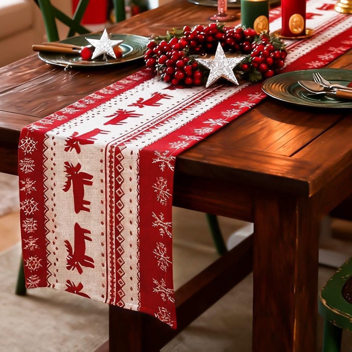 Kerst Tafelloper Rood 35x180cm - Wasbare Decoratie voor Binnen en Buiten, Perfect voor Feestelijke Diners en Winterse Sfeermakers