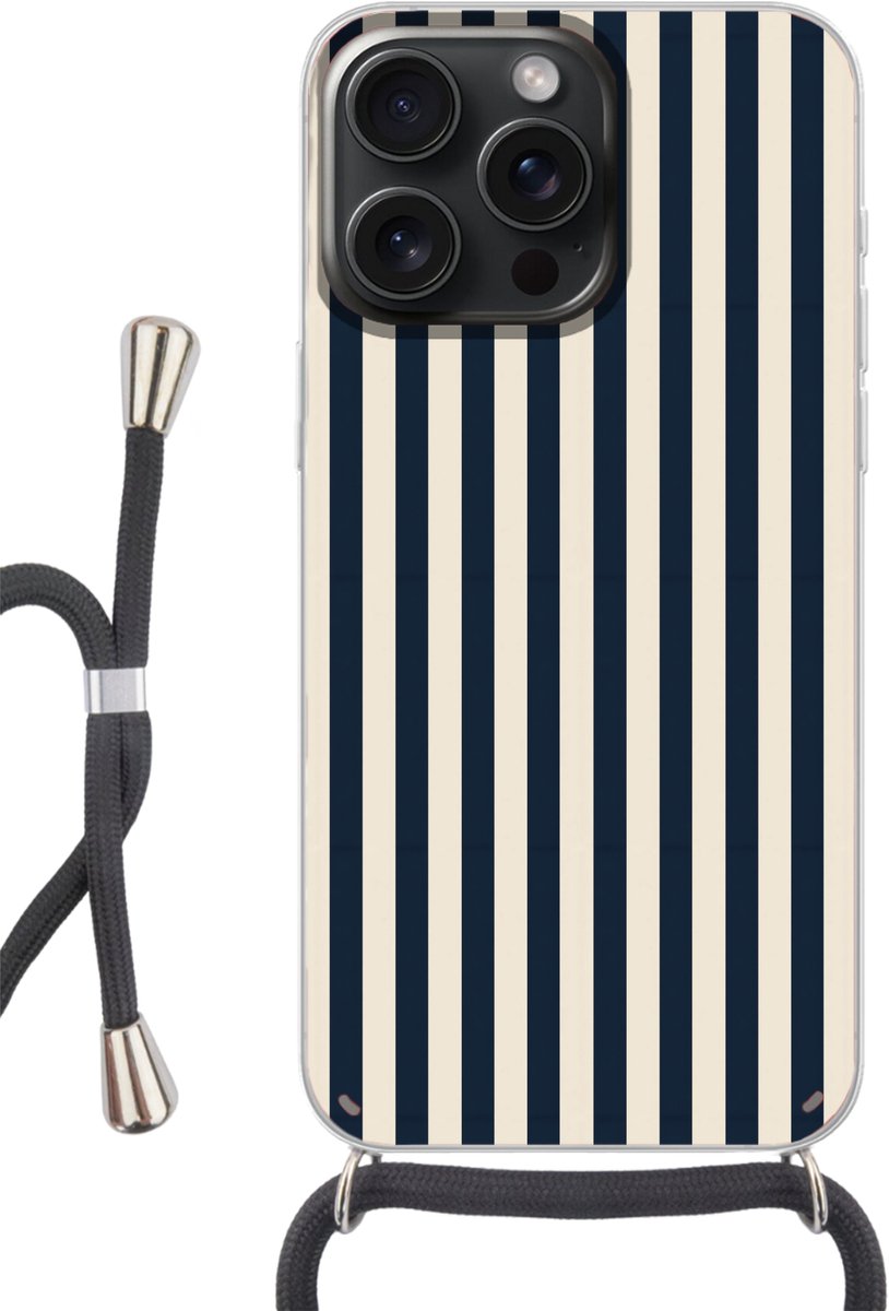 Telefoonhoesje Geschikt voor iPhone 15 Pro - Verticale strepen - Blauw - Crème - Siliconen - Crossbody - Backcover met Koord - Telefoonhoesje met koord - Hoesje met touw Telefoonhoesje