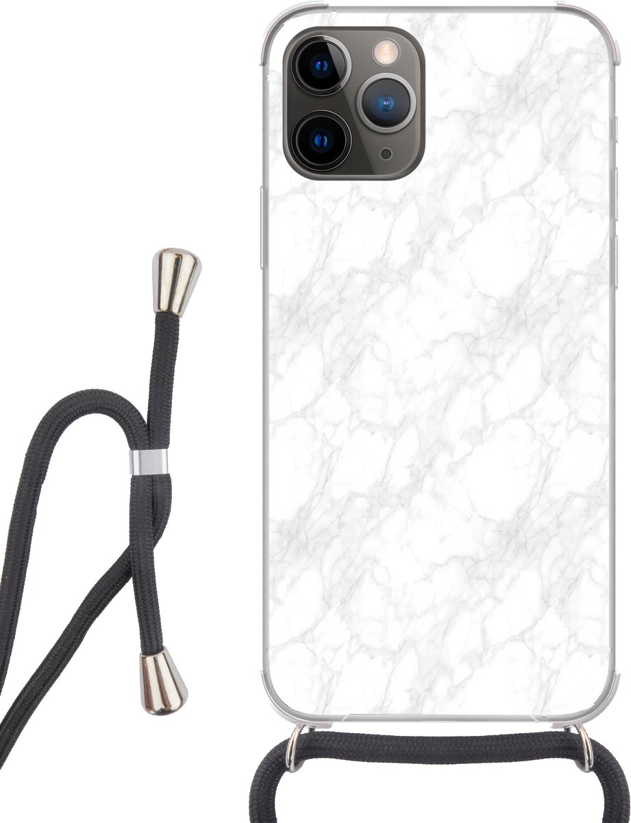 Telefoonhoesje Geschikt voor iPhone 12 pro crossbody - Minimalistisch - Wit - Grijze aders - Siliconen - Crossbody - Backcover met Koord - Telefoonhoesje met koord - Hoesje met touw Telefoonhoesje