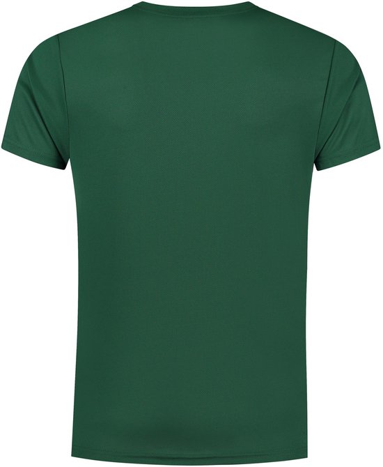 Achterkant van een donkergroen kort-mouwig sportshirt.