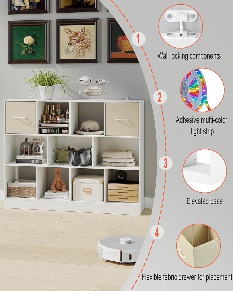 Boekenkast - Boekenkast met Laden 126 cm Breed Staand Opbergrek met 11 Vakken en 2 Stoffen Lades – Wit Modern Design – Ruimtebesparende Kast voor Woonkamer & Kantoor – 126x30x100 cm – abtkantoor
