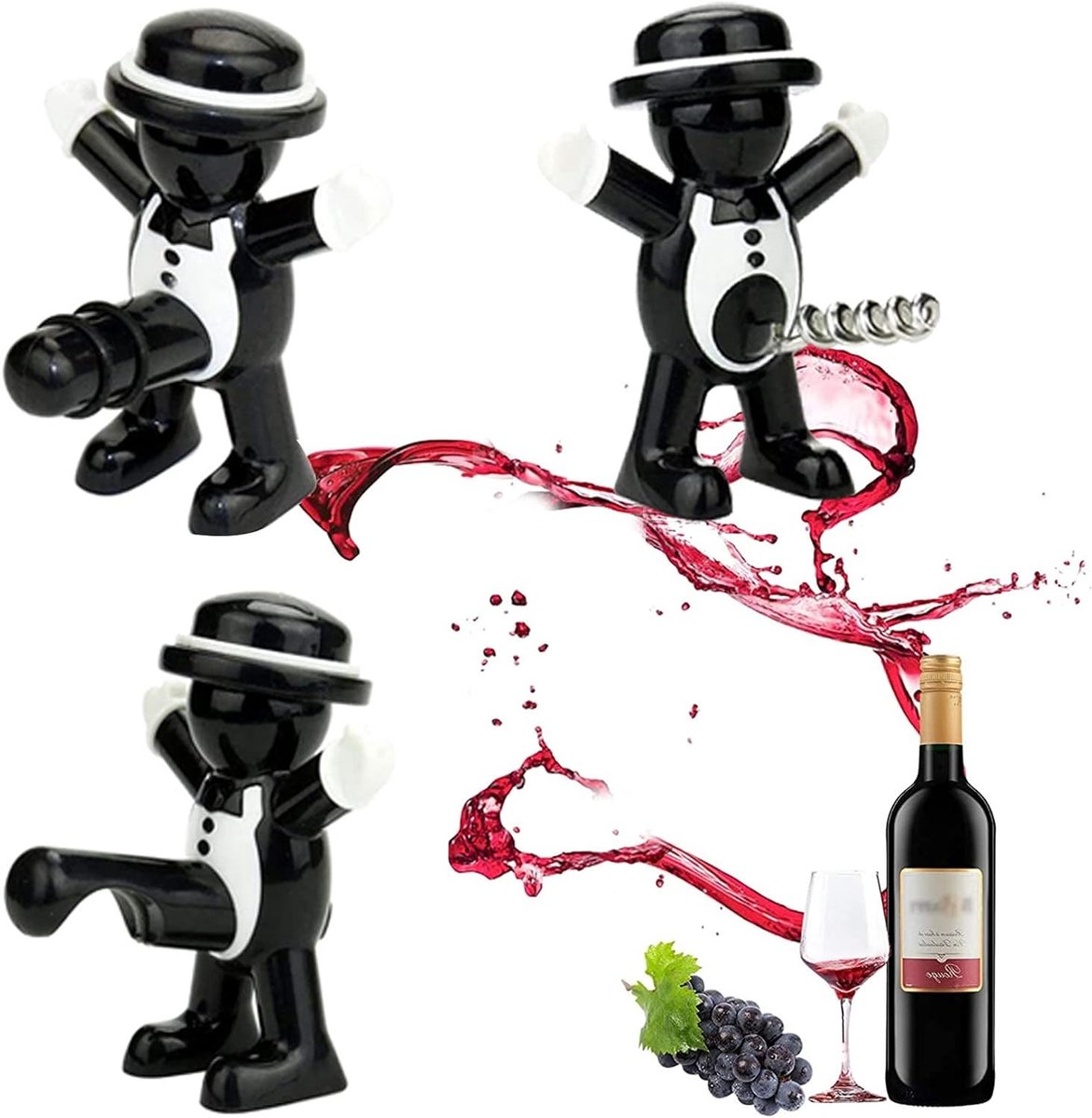 Set van 3 Grappige Flessenopeners en Stopper voor Wijn, Perfect Cadeau voor Mannen en Vrouwen